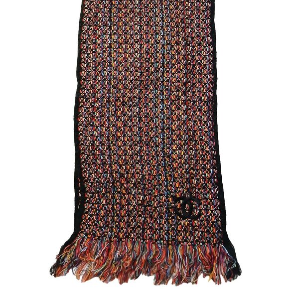 CHANEL Luxury Vintage Black & Red Multi-Color Woven Fringed Shawl Wrap Scarf - Picture 3 of 15